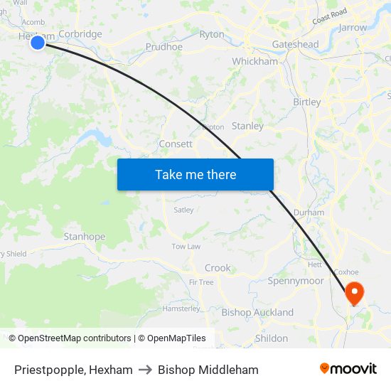 Priestpopple, Hexham to Bishop Middleham map