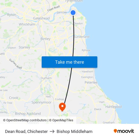 Dean Road, Chichester to Bishop Middleham map