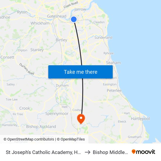 St Joseph's Catholic Academy, Hebburn to Bishop Middleham map