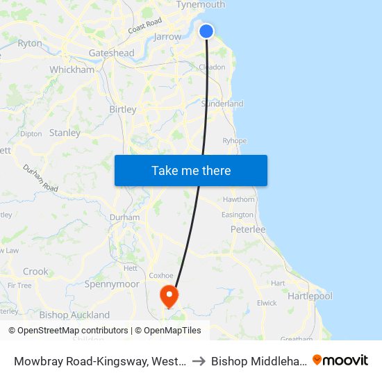Mowbray Road-Kingsway, Westoe to Bishop Middleham map