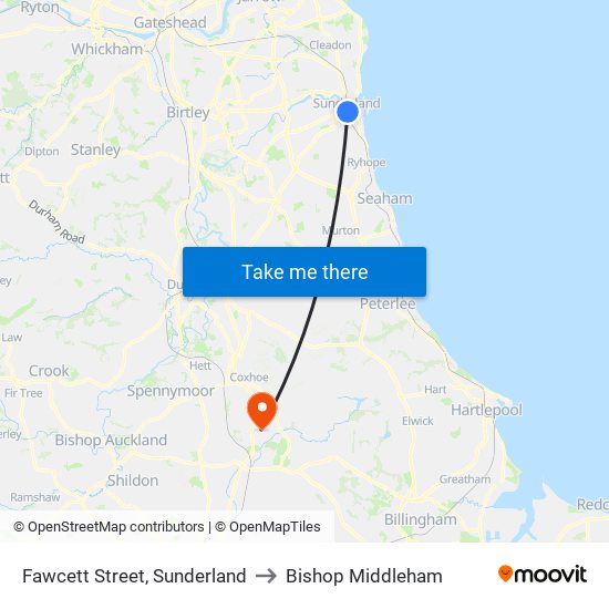 Fawcett Street, Sunderland to Bishop Middleham map