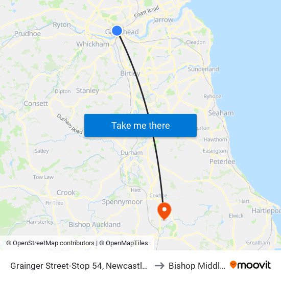 Grainger Street-Stop 54, Newcastle upon Tyne to Bishop Middleham map