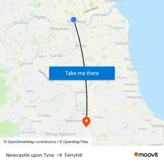 Newcastle upon Tyne to Ferryhill map