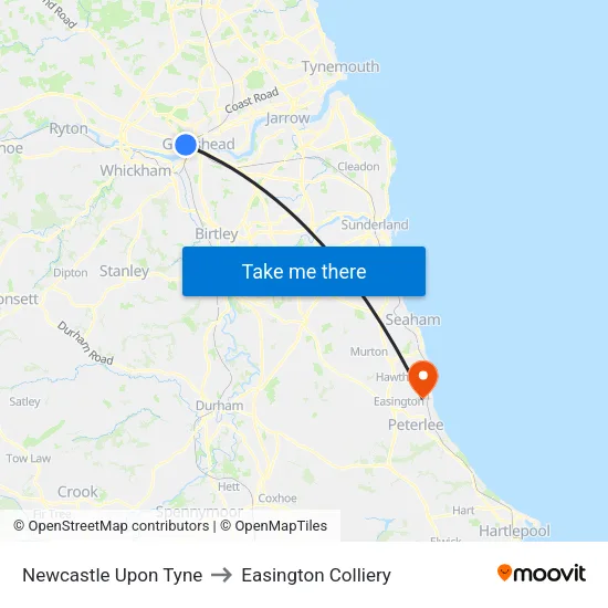 Newcastle Upon Tyne to Easington Colliery map