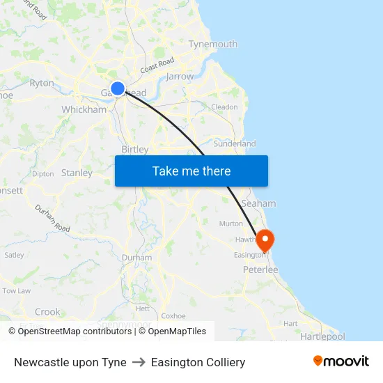 Newcastle upon Tyne to Easington Colliery map