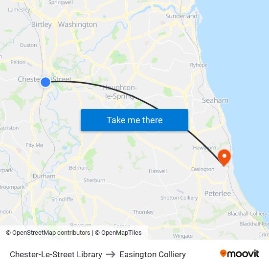 Chester-Le-Street Library to Easington Colliery map