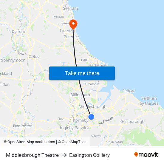 Middlesbrough Theatre to Easington Colliery map