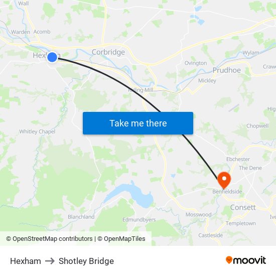 Hexham to Shotley Bridge map