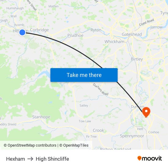 Hexham to High Shincliffe map