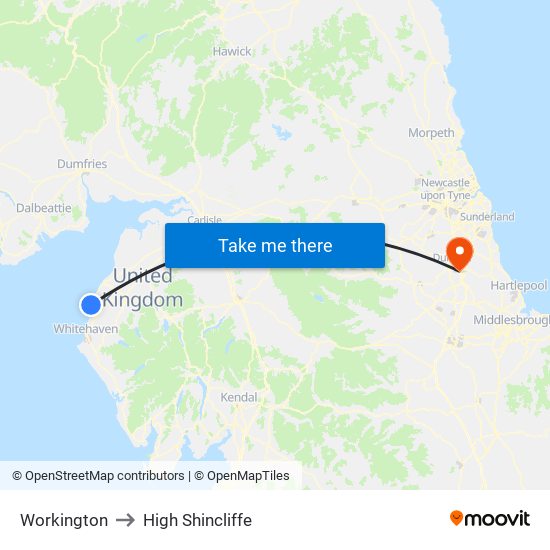 Workington to High Shincliffe map