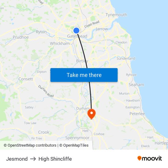 Jesmond to High Shincliffe map