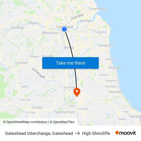 Gateshead Interchange, Gateshead to High Shincliffe map