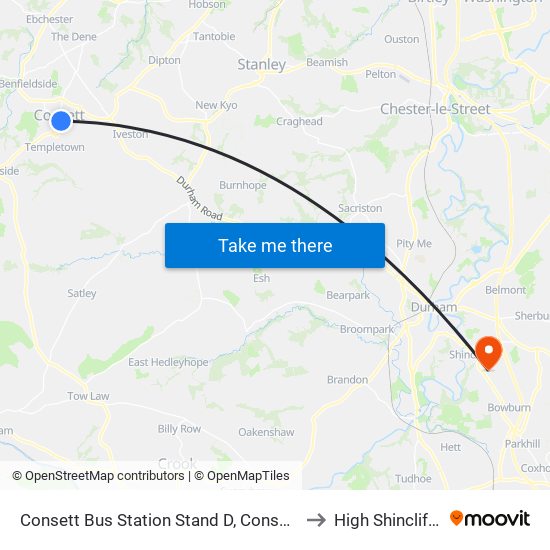 Consett Bus Station Stand D, Consett to High Shincliffe map