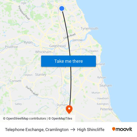 Telephone Exchange, Cramlington to High Shincliffe map