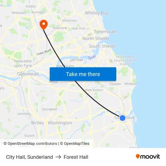 City Hall, Sunderland to Forest Hall map