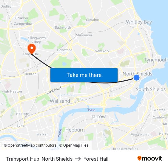 Transport Hub, North Shields to Forest Hall map