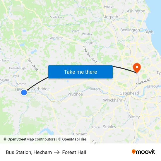 Bus Station, Hexham to Forest Hall map
