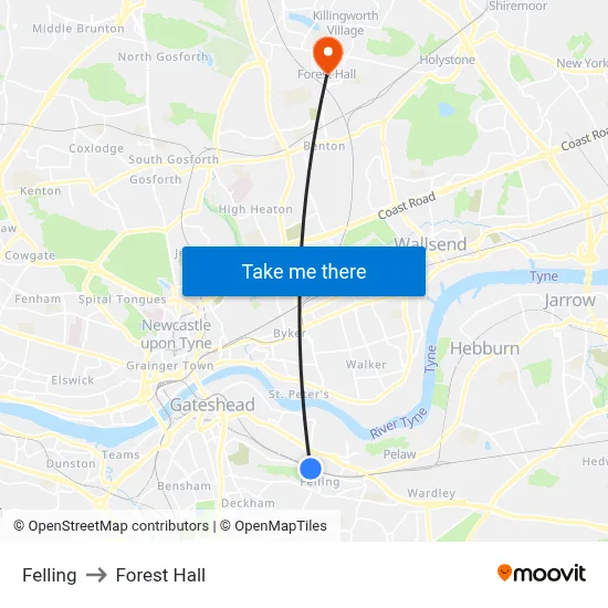 Felling to Forest Hall map