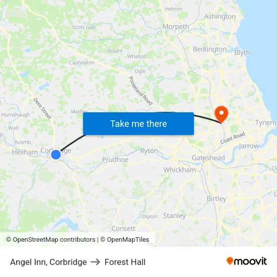 Angel Inn, Corbridge to Forest Hall map