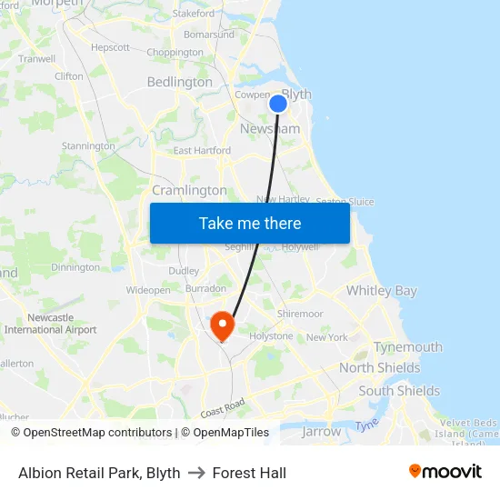 Albion Retail Park, Blyth to Forest Hall map