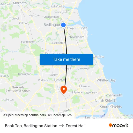 Bank Top, Bedlington Station to Forest Hall map