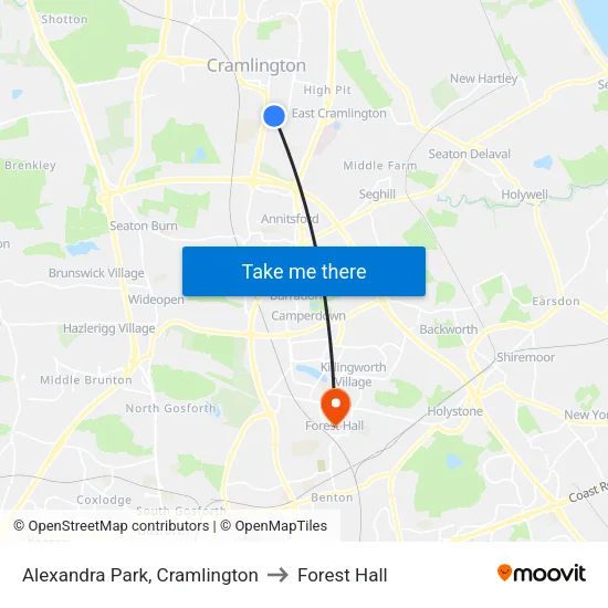 Alexandra Park, Cramlington to Forest Hall map