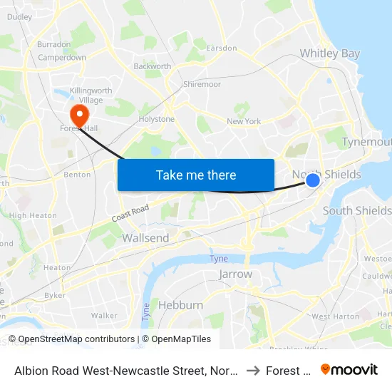 Albion Road West-Newcastle Street, North Shields to Forest Hall map