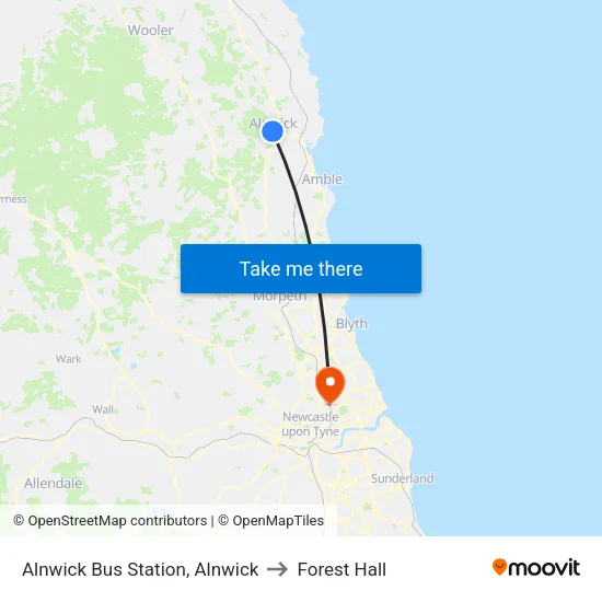 Alnwick Bus Station, Alnwick to Forest Hall map