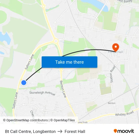 Bt Call Centre, Longbenton to Forest Hall map