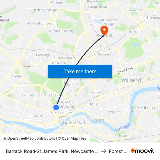 Barrack Road-St James Park, Newcastle upon Tyne to Forest Hall map