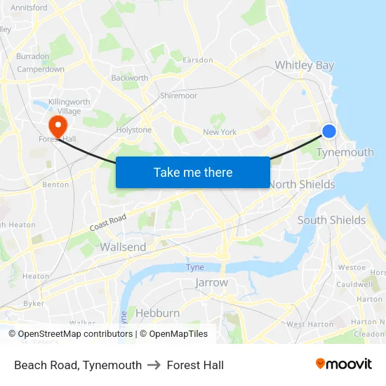 Beach Road, Tynemouth to Forest Hall map