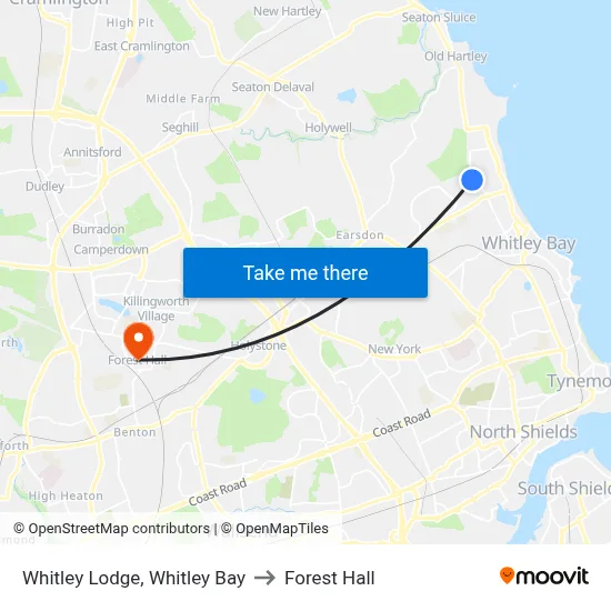 Whitley Lodge, Whitley Bay to Forest Hall map