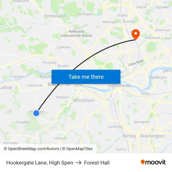 Hookergate Lane, High Spen to Forest Hall map