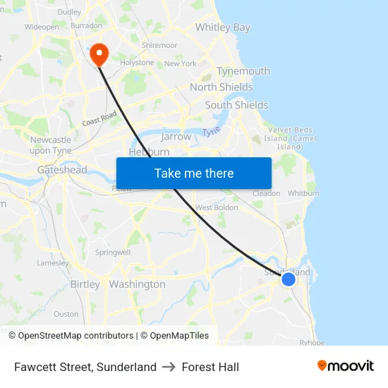 Fawcett Street, Sunderland to Forest Hall map