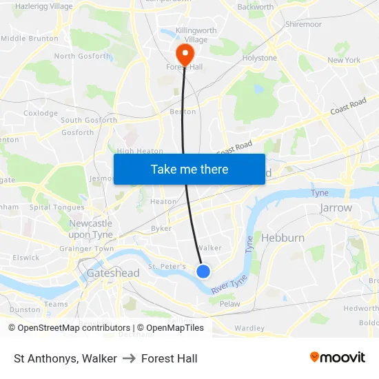 St Anthonys, Walker to Forest Hall map