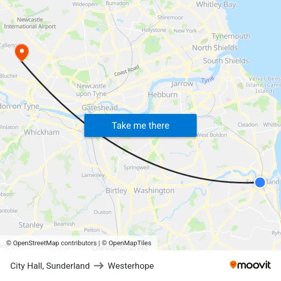 City Hall, Sunderland to Westerhope map