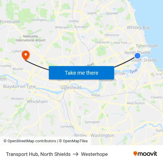 Transport Hub, North Shields to Westerhope map