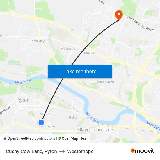 Cushy Cow Lane, Ryton to Westerhope map