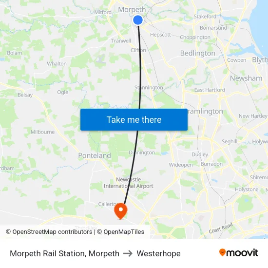 Morpeth Rail Station, Morpeth to Westerhope map