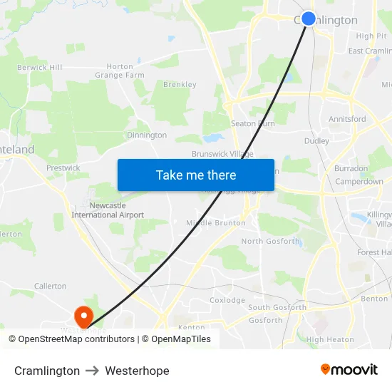 Cramlington to Westerhope map