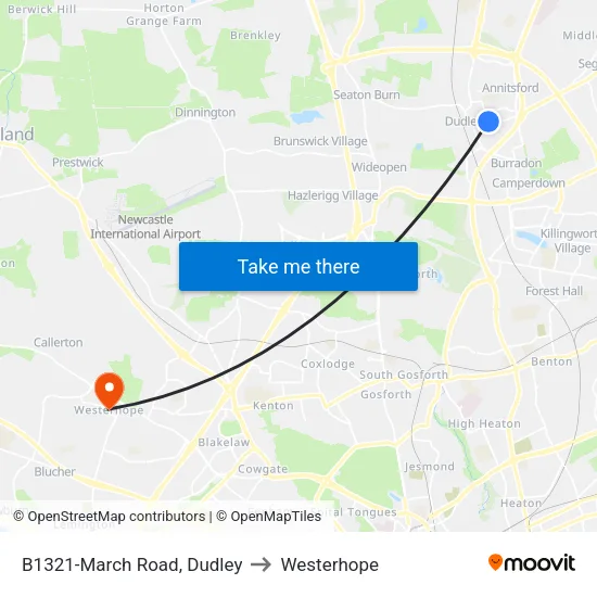 B1321-March Road, Dudley to Westerhope map