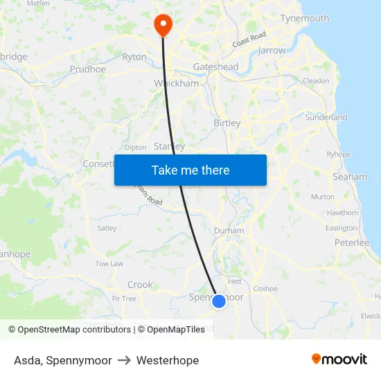 Asda, Spennymoor to Westerhope map