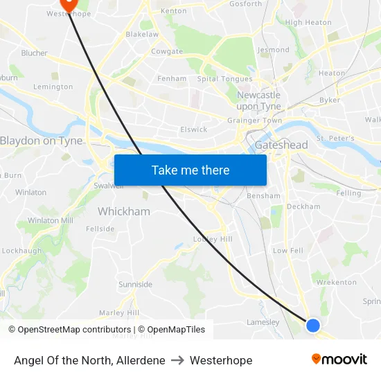 Angel Of the North, Allerdene to Westerhope map