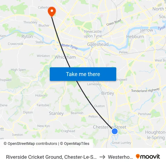 Riverside Cricket Ground, Chester-Le-Street to Westerhope map