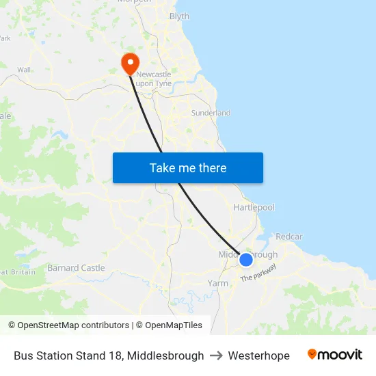 Bus Station Stand 18, Middlesbrough to Westerhope map