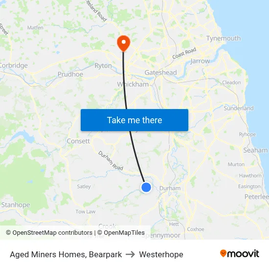 Aged Miners Homes, Bearpark to Westerhope map