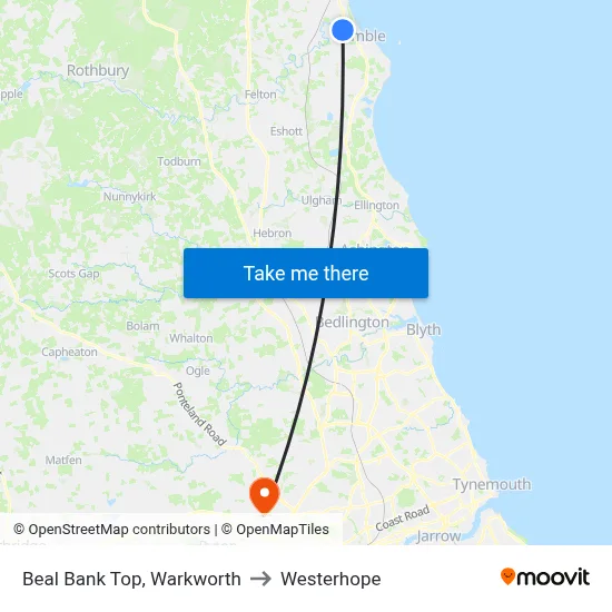 Beal Bank Top, Warkworth to Westerhope map