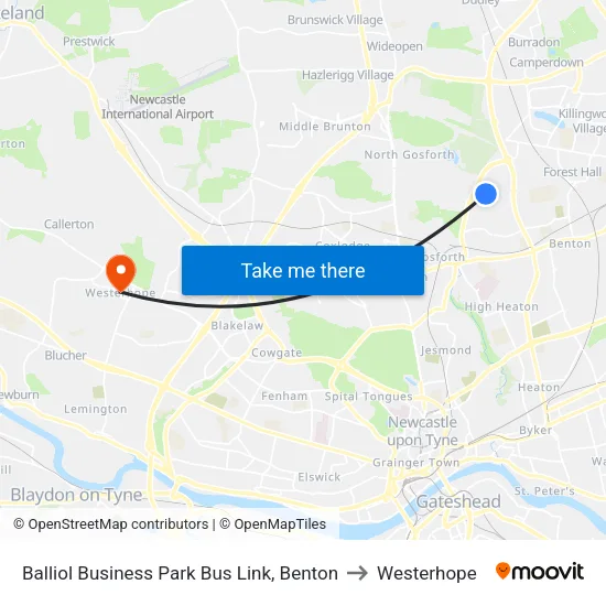 Balliol Business Park Bus Link, Benton to Westerhope map