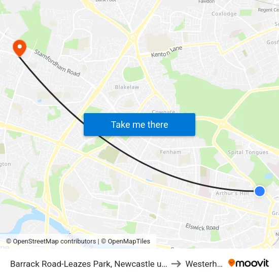 Barrack Road-Leazes Park, Newcastle upon Tyne to Westerhope map