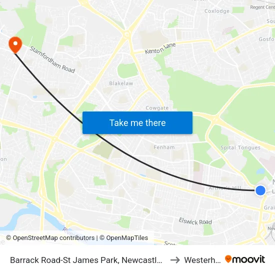 Barrack Road-St James Park, Newcastle upon Tyne to Westerhope map